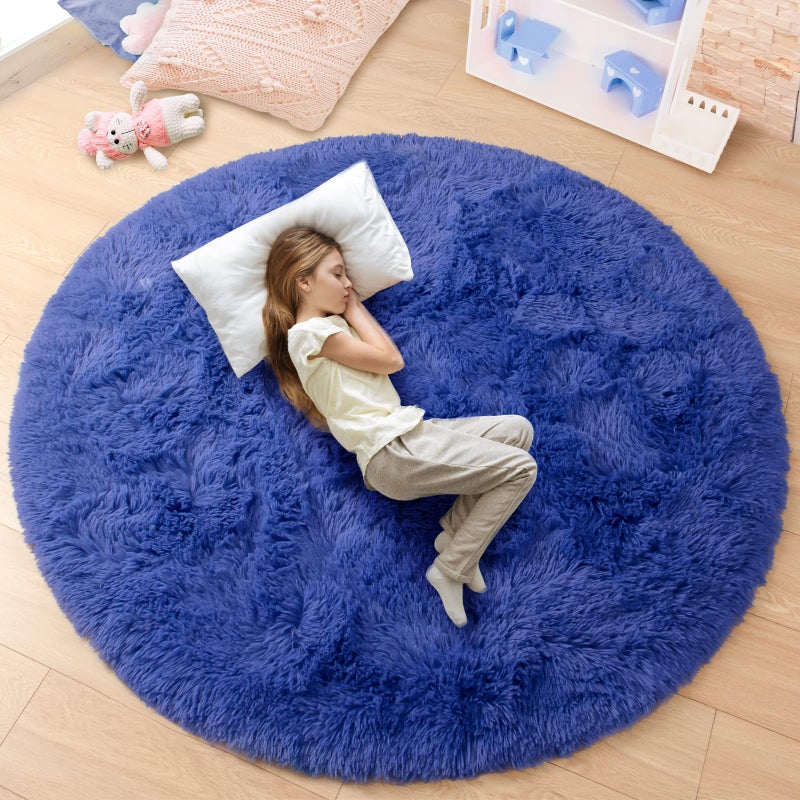 junovo Rug 4x4 Feet, Light Navy, Fluffy Soft Area Rugs for Kids Girls Room Princess Castle Plush Shaggy Carpet, Circular Home Decor - Image 1